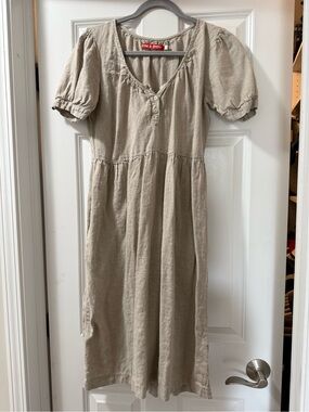 Pyne and Smith linen puff sleeve midi dress oatmeal size small
